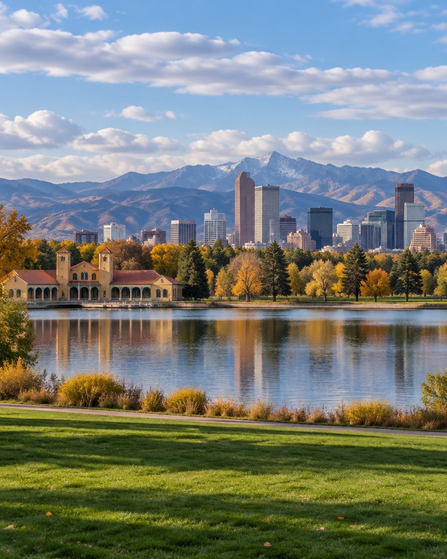 Denver skyline and the Rockies across a park lake in autumn
