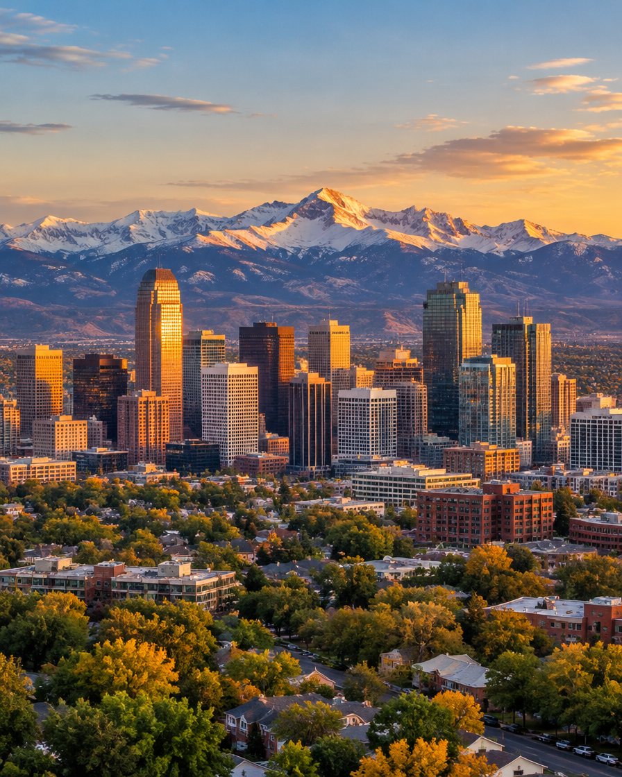 Downtown Denver skyline at sunset with the Rocky Mountains behind it