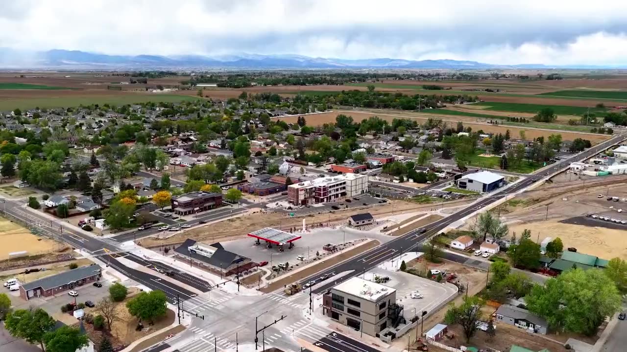 Aerial of Main Street in Mead with mixed-use buildings