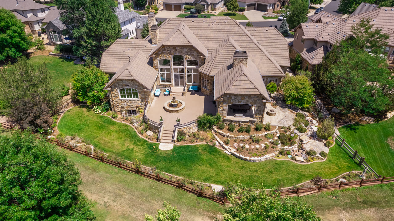 Aerial of a stone estate in Longmont